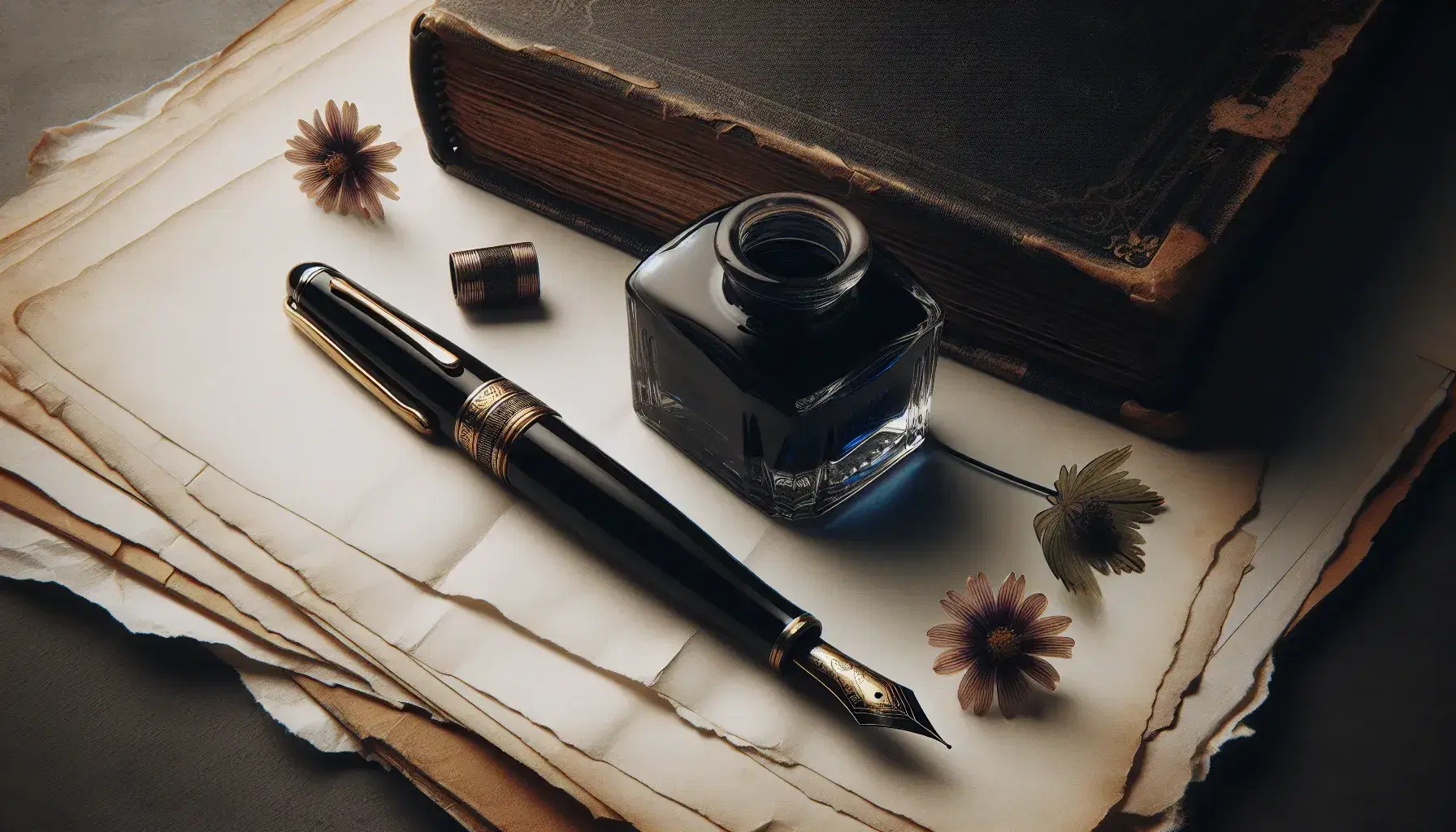 Penna stilografica vintage nera con dettagli dorati su carta antica accanto a calamaio di vetro e libro aperto con fiori selvatici.