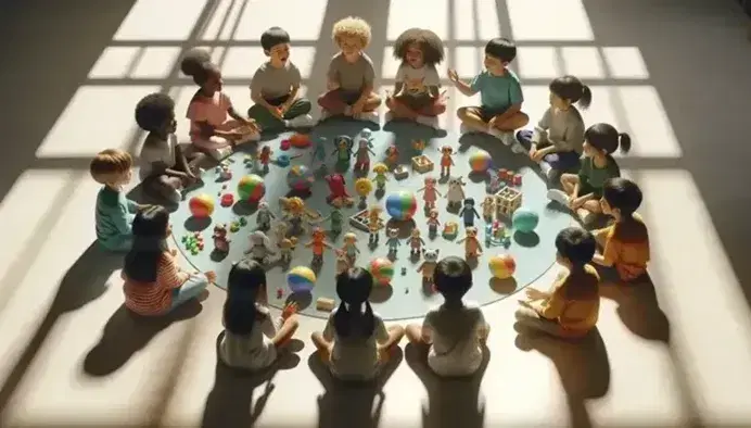 Niños de diversas etnias sentados en círculo en el suelo con juguetes coloridos, expresando alegría y concentración en una habitación iluminada naturalmente.