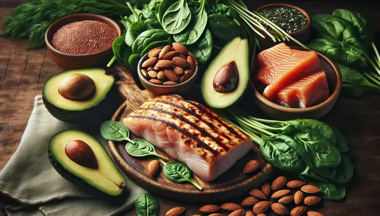 Foods rich in alpha-amino acids: grilled chicken breast, spinach leaves, almonds, salmon fillet on dill, avocado and quinoa with eggs in the background.