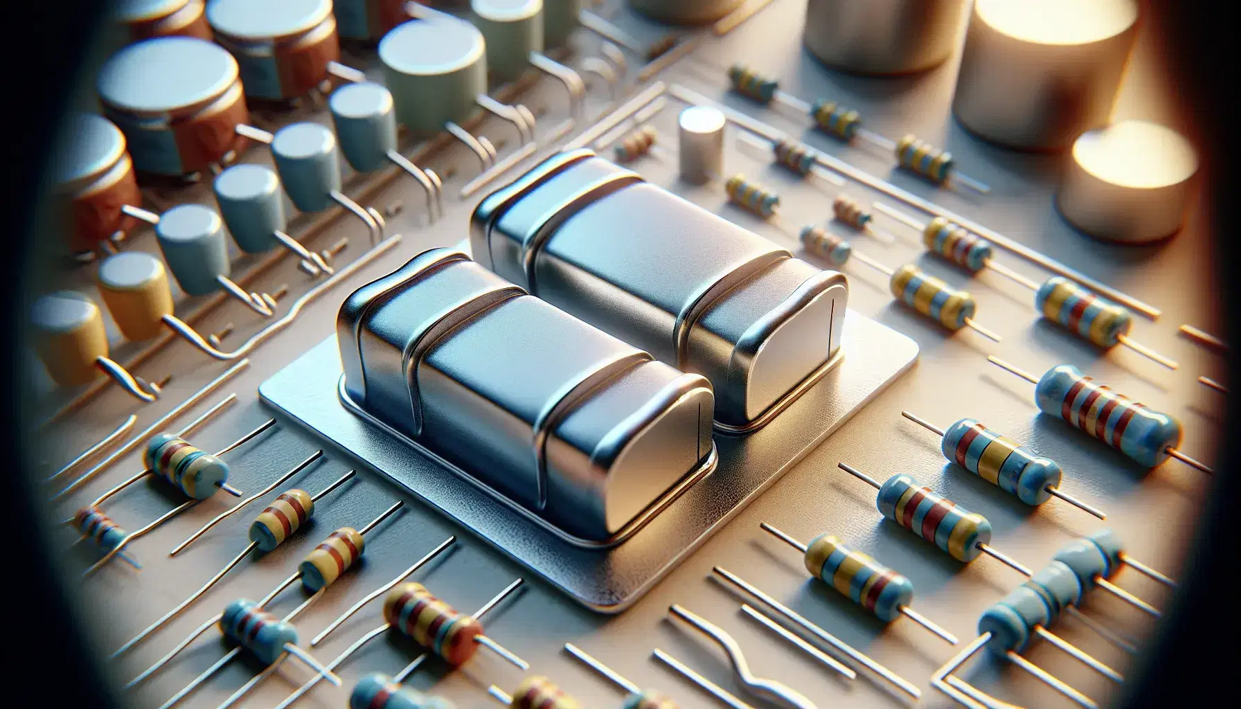 Close-up of a parallel plate capacitor with metallic plates and a clear dielectric, surrounded by resistors, inductors, and various capacitors on a light workbench.