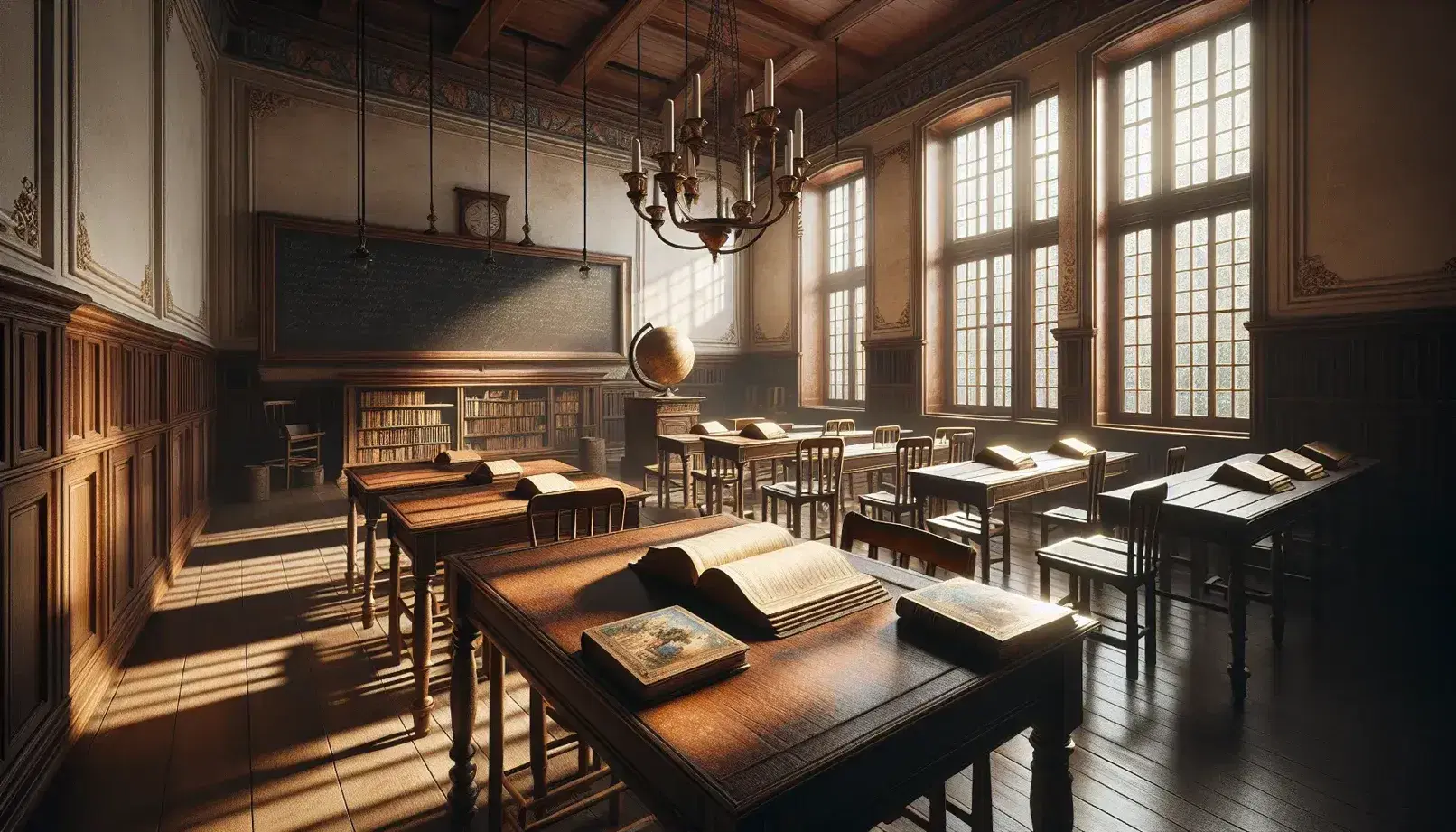 Aula antigua iluminada con grandes ventanas, mesa de madera con libros abiertos, sillas a juego, pizarra vacía y globo terráqueo.