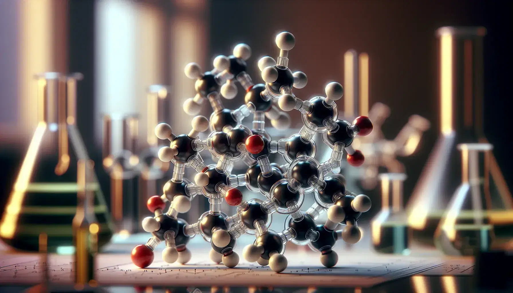 Three-dimensional molecular model of cholesterol with black spheres for carbon, white for hydrogen and red for oxygen on a blurred laboratory background.