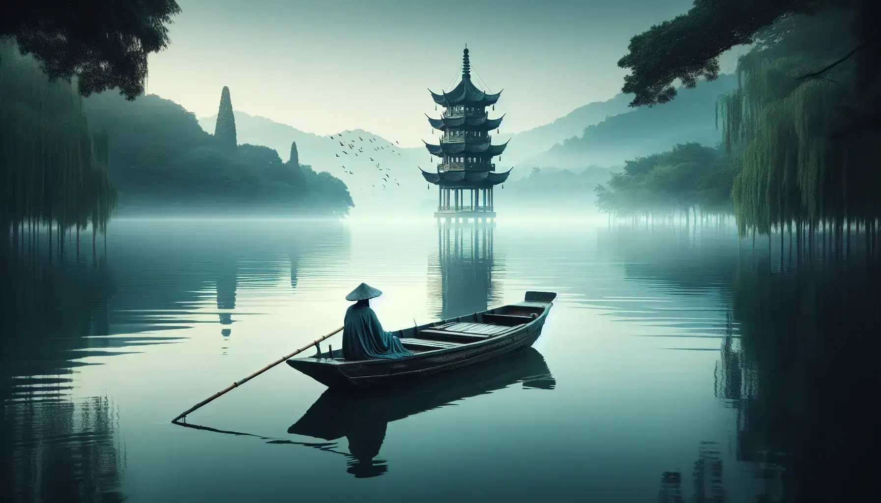 Serene West Lake in Hangzhou with misty Leifeng Pagoda in the distance, traditional Chinese boat, and fisherman in Song Dynasty attire.