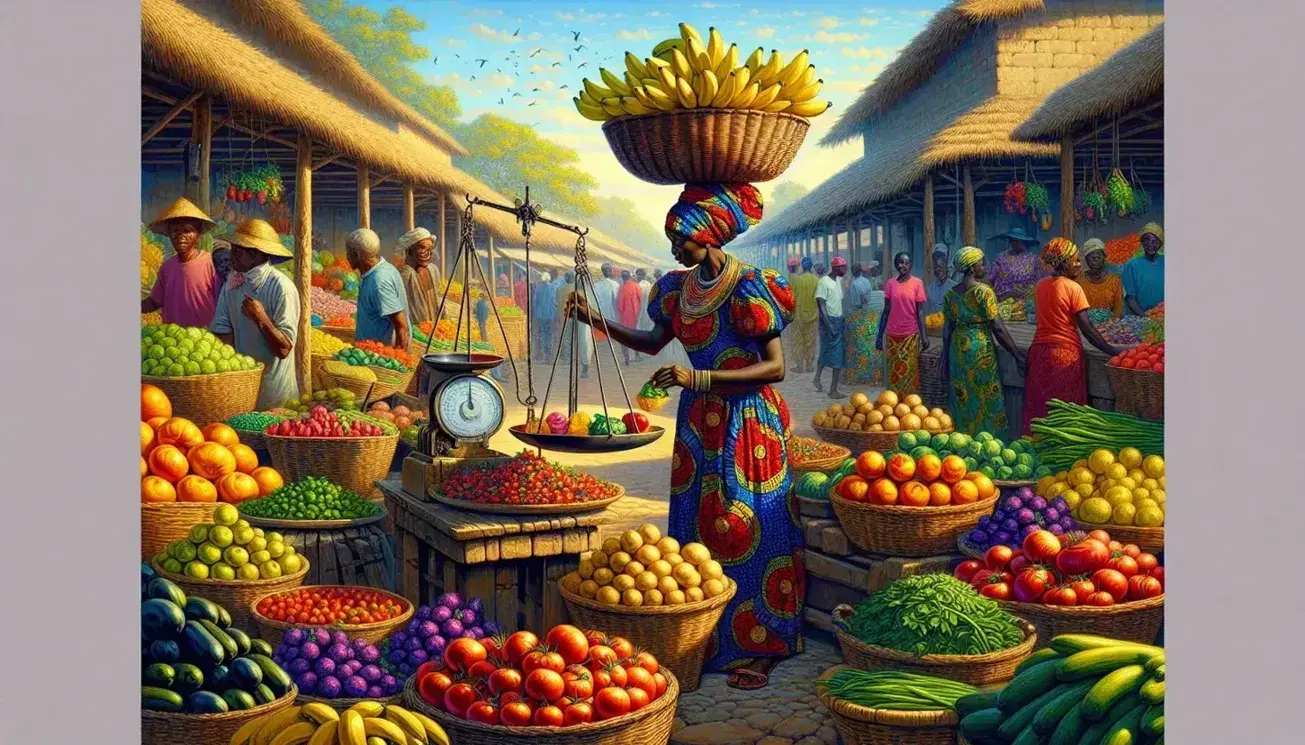 Mercato all'aperto africano con donna in abito tradizionale che vende frutta, bancarelle colorate di verdure e persone che passeggiano.