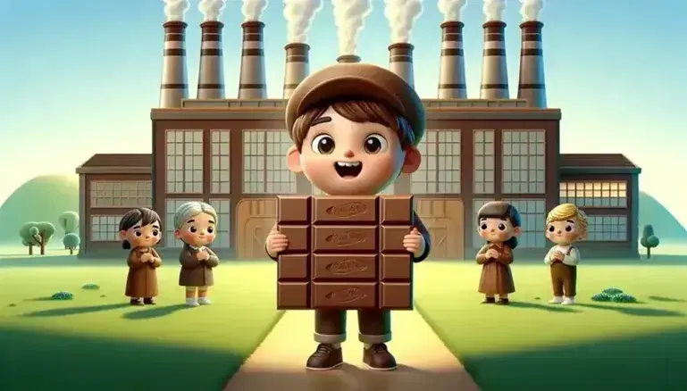 Bambino con capelli castani sorpreso e felice tiene una grande tavoletta di cioccolato, circondato da personaggi variopinti su sfondo di fabbrica stilizzata e cielo azzurro.