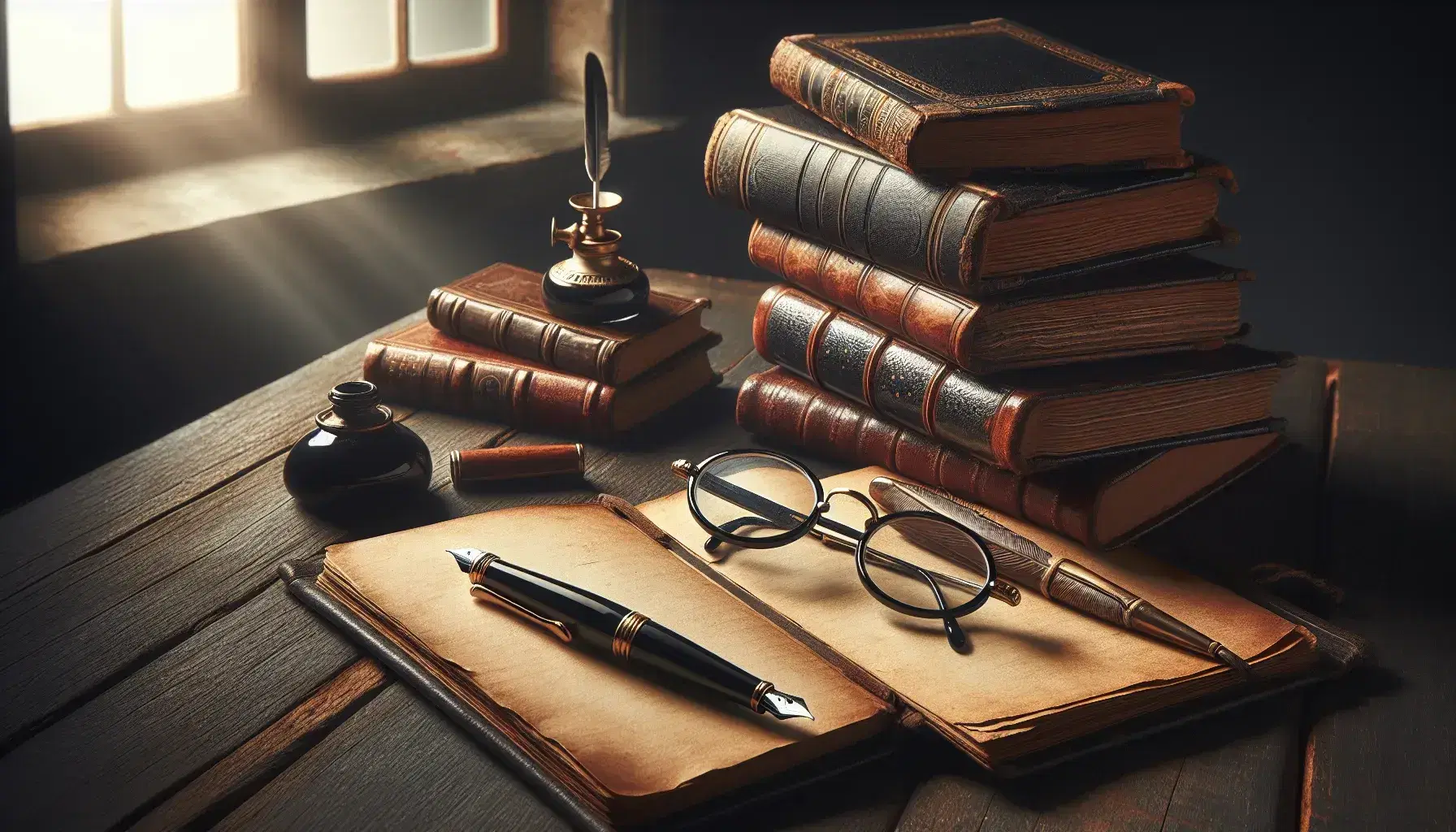 Tavolo in legno scuro con quaderno antico aperto, penna stilografica nera, pile di libri in pelle e occhiali con lenti rotonde sotto luce soffusa.