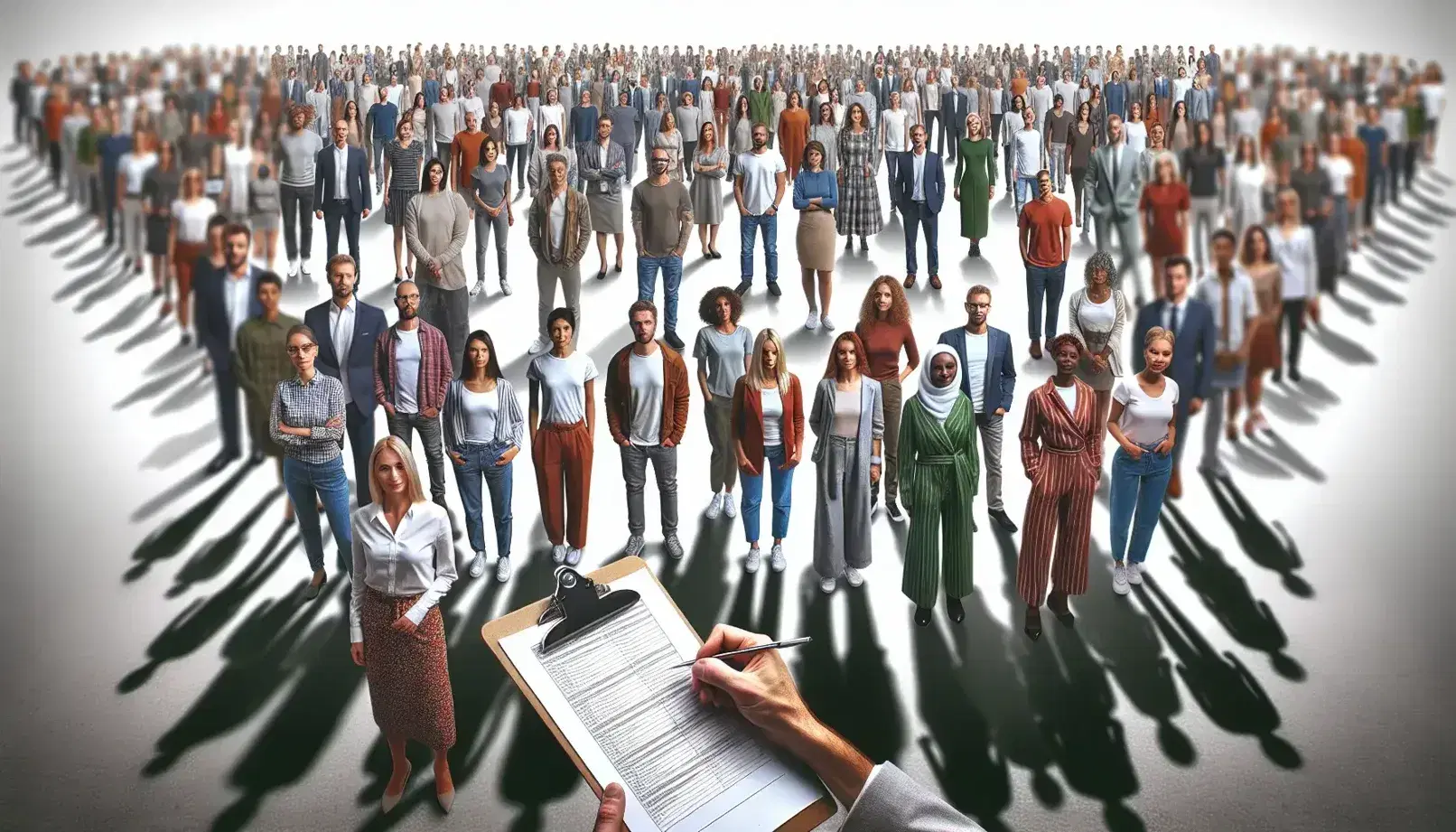 Diverse group of people in semi-circle with individual holding a clipboard, symbolizing a survey or interview in outdoor setting.