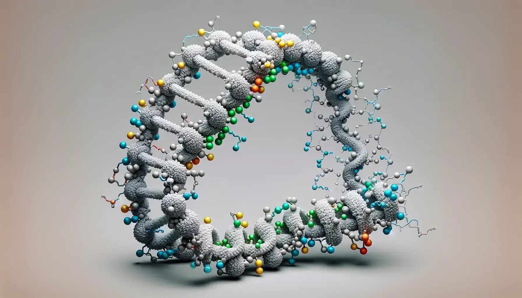 Three-dimensional model of an L-shaped tRNA molecule with colored nucleotide bases and highlighted amino acid attachment site.