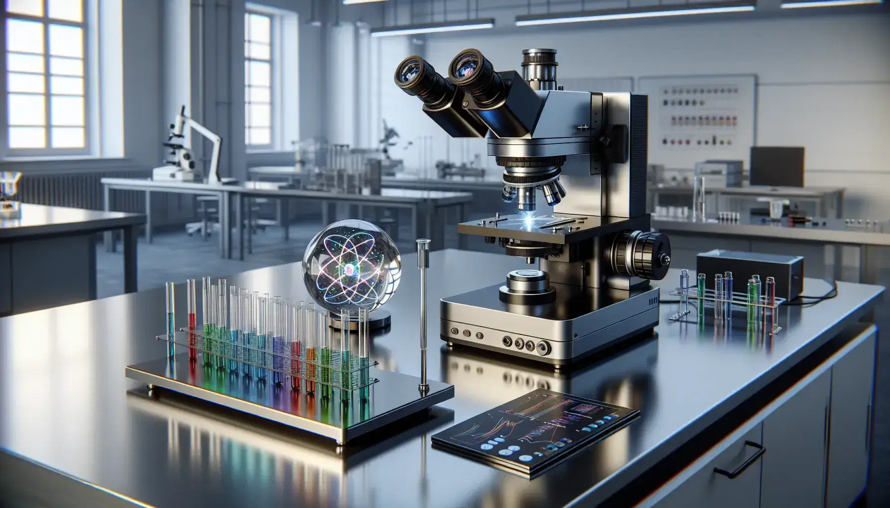 Laboratorio scientifico moderno con tavolo in acciaio, microscopio elettronico, provette colorate, laser di precisione e modello 3D di atomo.