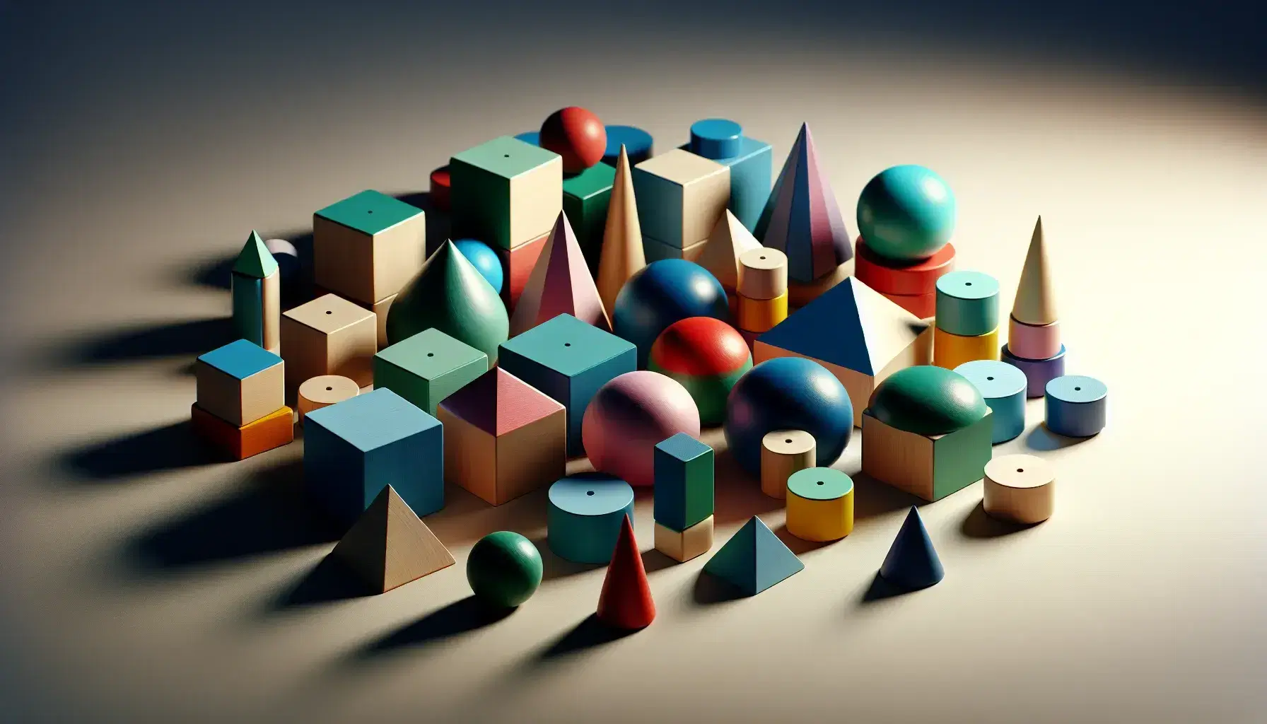 Colorful assortment of geometric wooden blocks on matte surface, with shades of blue, green, red, yellow and purple, randomly arranged.