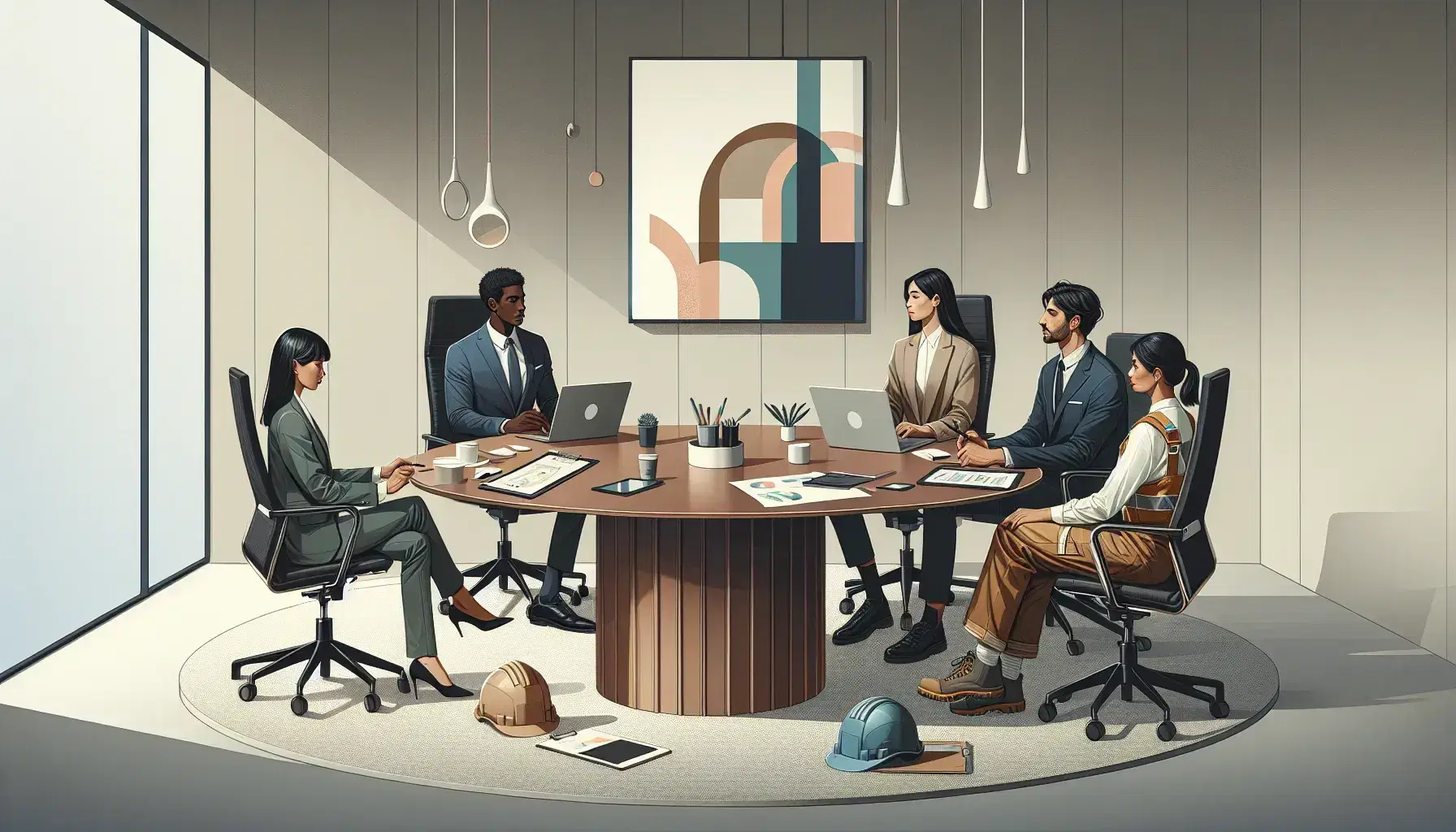 Diverse professional team in a meeting, with a businesswoman leading the discussion at a mahogany table, surrounded by tech and creative tools.