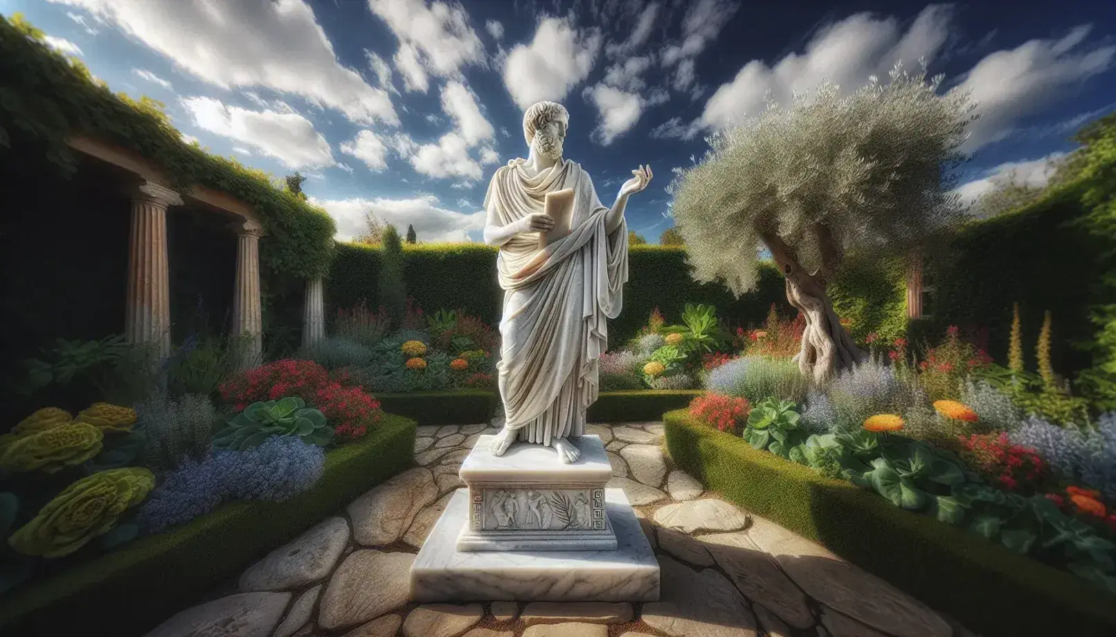 Escultura de mármol blanco de filósofo presocrático en jardín, con túnica y papiro, rodeado de plantas verdes y flores coloridas bajo cielo azul.