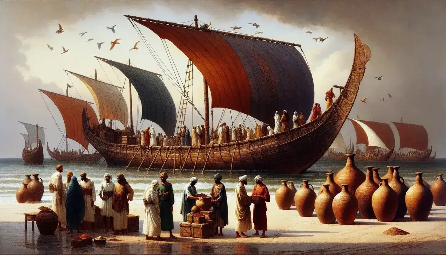 Bustling ancient Indian Ocean port with traders exchanging goods, a wooden dhow with lateen sail, amphorae on shore, and palm trees.