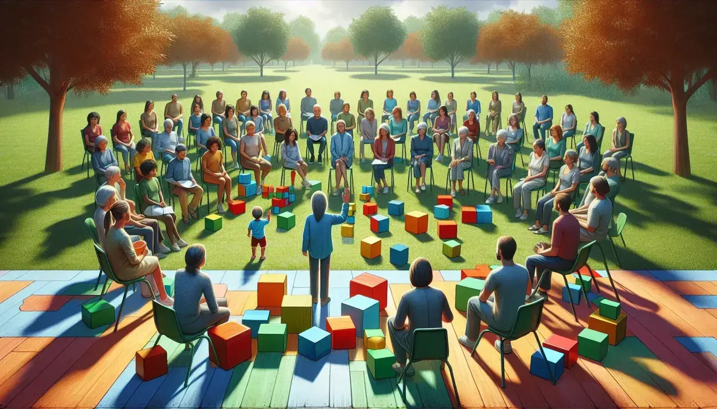Grupo diverso de personas en semicírculo al aire libre con un orador, niño jugando con bloques de colores en primer plano y entorno natural tranquilo.