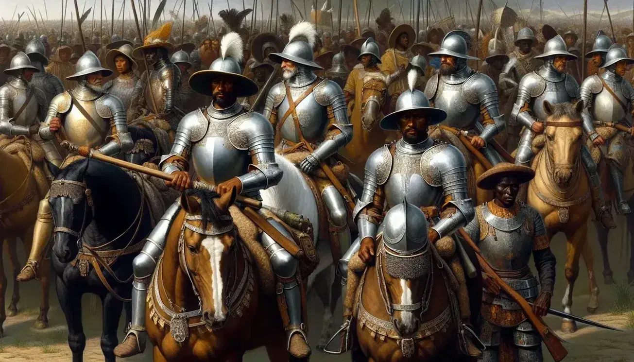 Spanish conquistadors in armor with weapons alongside African allies and horses prepare in a New World lush green landscape under a clear blue sky.