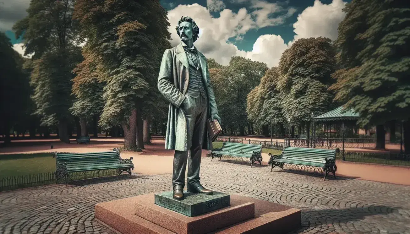 Estatua de bronce de hombre pensativo con bigote y traje de época sosteniendo un libro, en parque con bancos y árboles, bajo cielo parcialmente nublado.