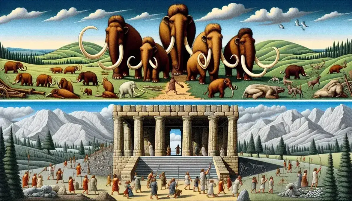 Scena divisa in preistoria con mammut e cacciatori e storia con tempio antico e figure umane in attività quotidiane.
