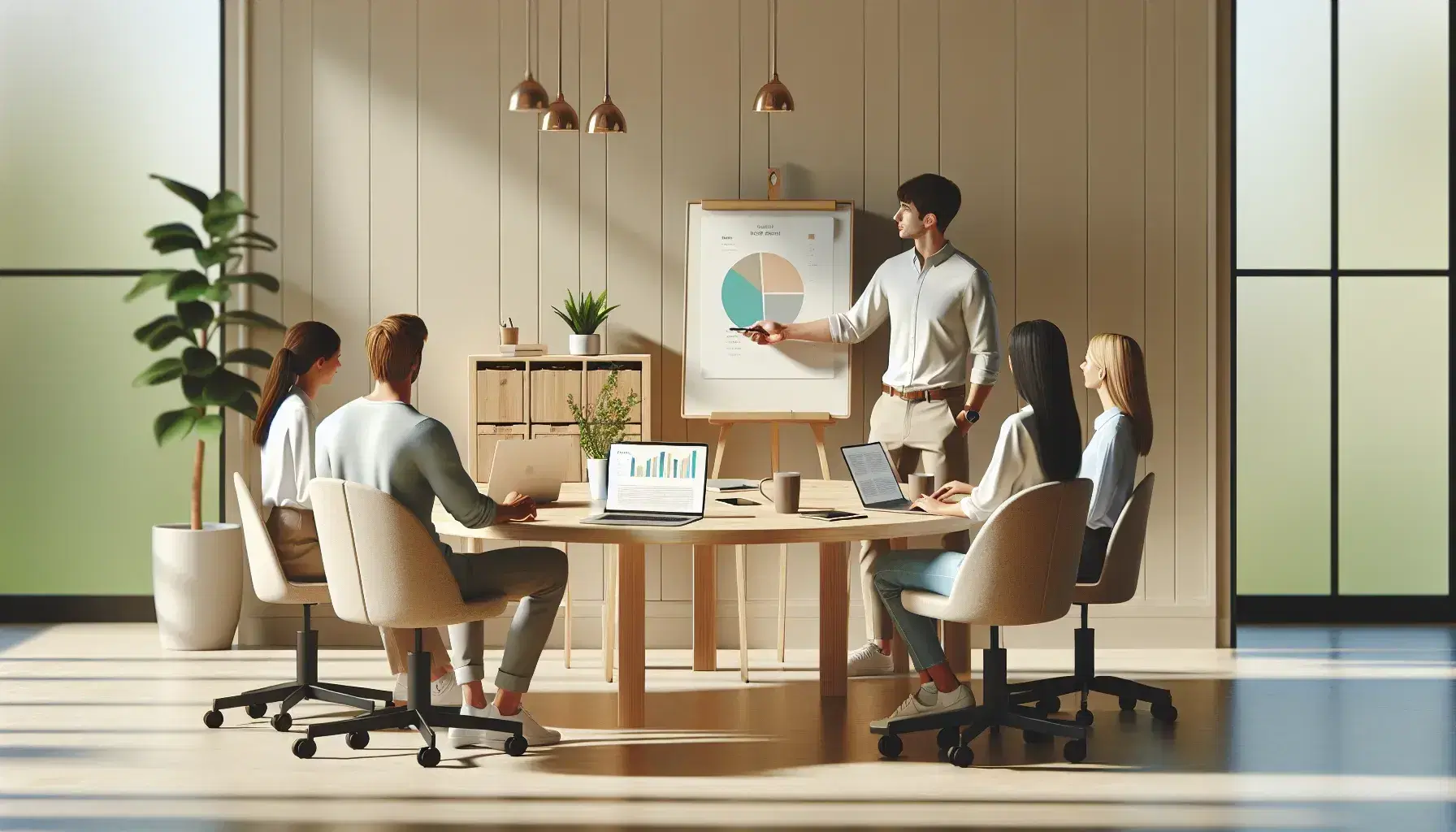 Cuatro profesionales colaboran en una sala de reuniones con una pizarra en blanco, un portátil mostrando gráficos y elementos de oficina sobre una mesa redonda.