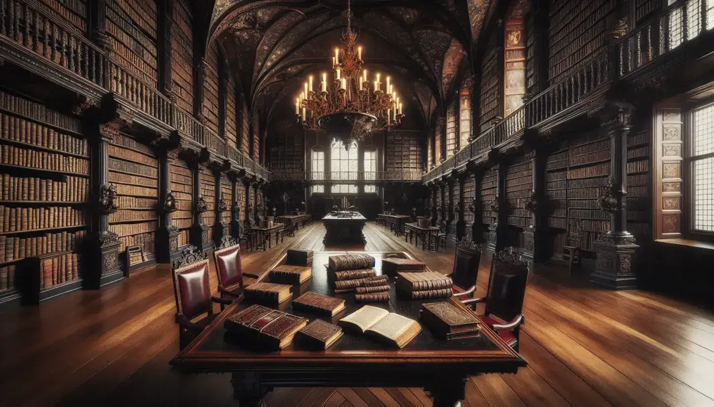 Sala lettura storica con tavolo in legno scuro, sedie in velluto rosso, libri antichi e scaffali pieni, illuminata da una grande finestra ad arco.