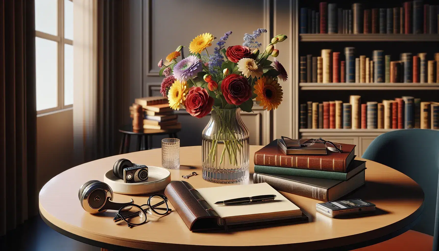 Round wooden table with vase of fresh flowers, leather notebook, fountain pen, glasses, books and voice recorder in a cozy room.