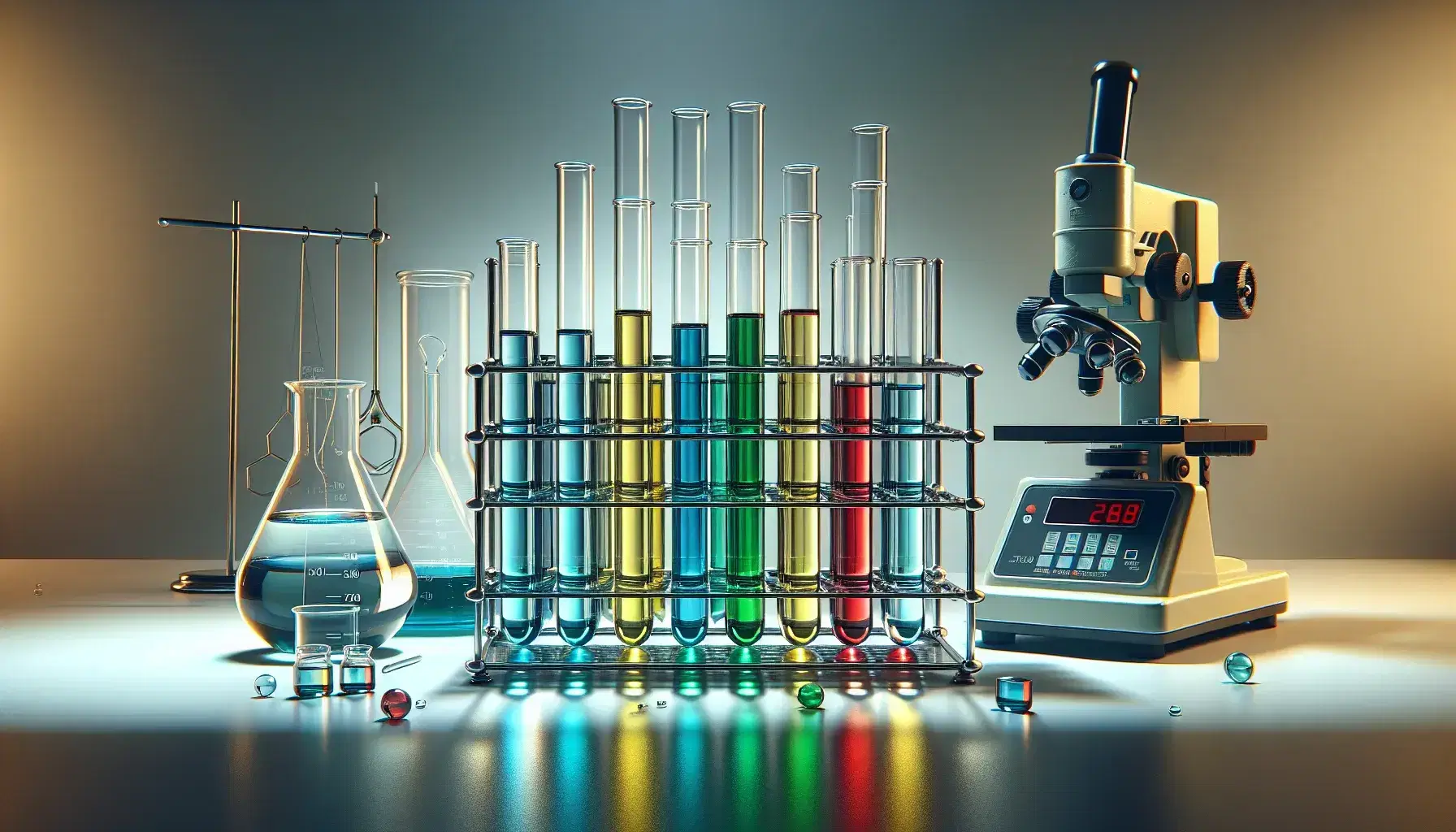 Tubos de ensayo con líquidos de colores en gradiente en soporte metálico, balanza analítica y microscopio de laboratorio en fondo neutro.