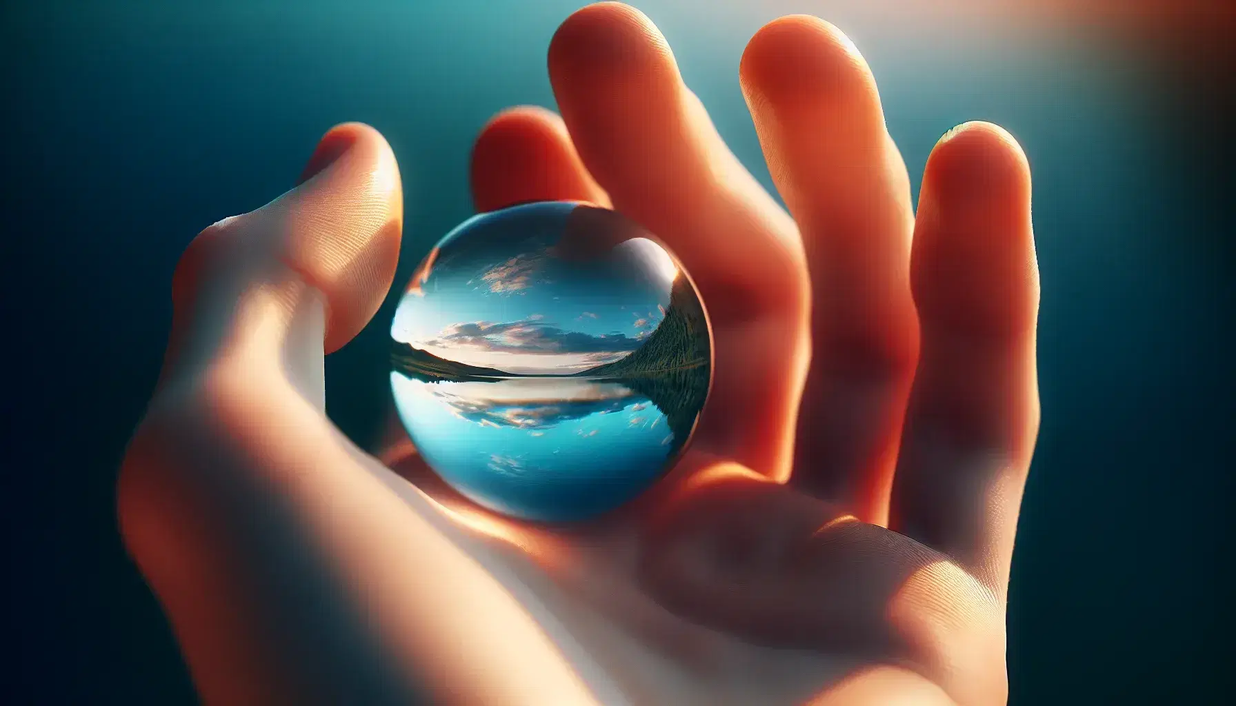 Hand holding a crystal clear glass sphere with a refracted, inverted landscape in the background, showcasing vibrant colors and detailed skin texture.