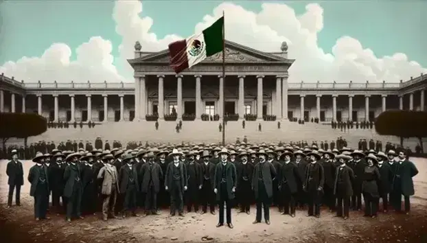 Grupo de hombres con trajes del siglo XX y sombreros frente a edificio clásico, con bandera de México ondeando y cielo parcialmente nublado.