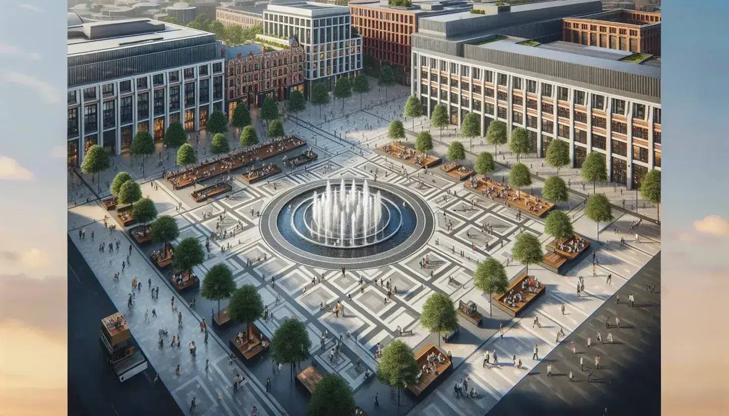 Vista aérea de plaza urbana con fuente circular, bancos bajo árboles frondosos y edificios de estilos variados en un día soleado.