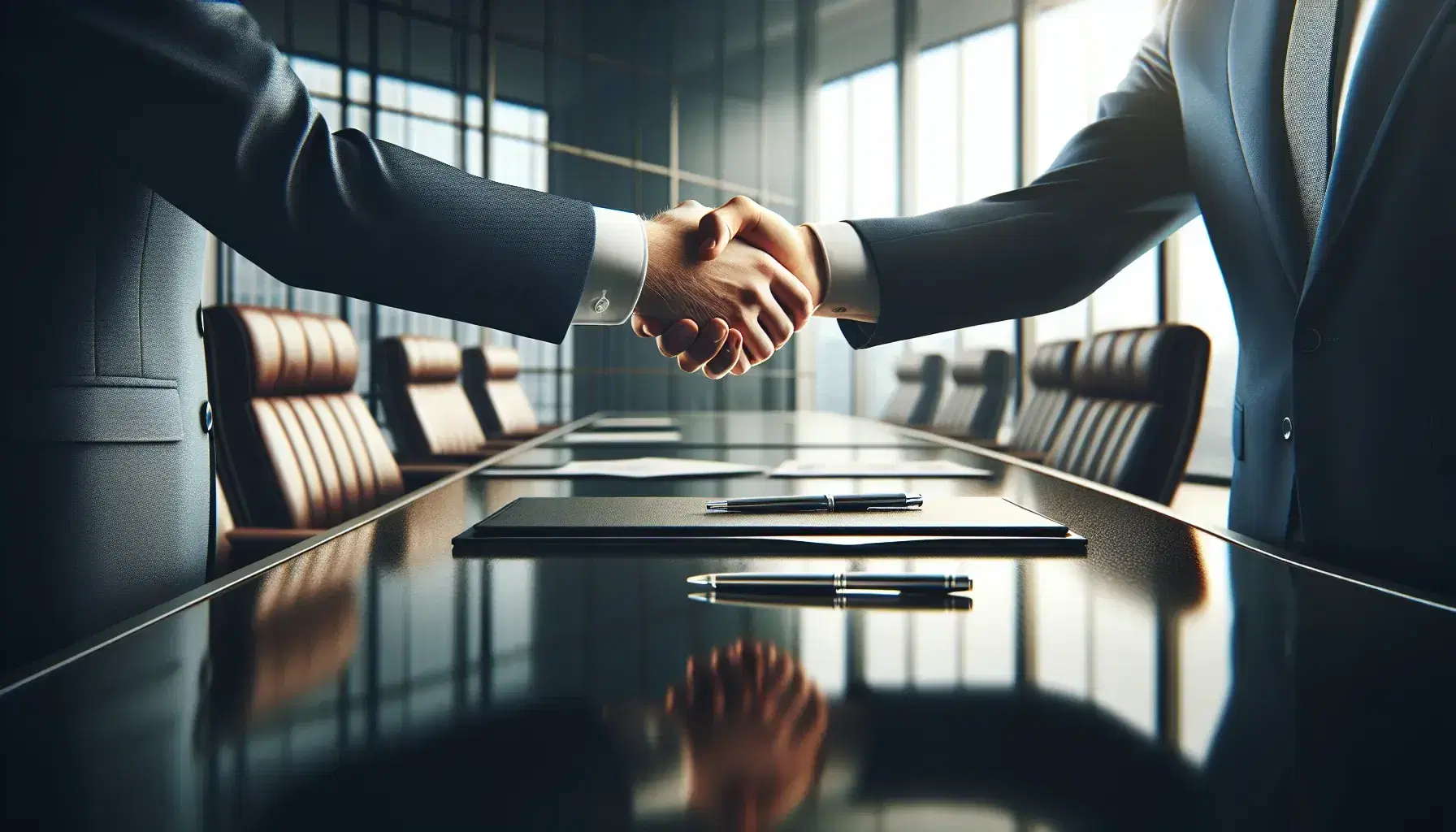 Close-up view of a firm handshake between two professionals in a well-lit office, with a conference table, leather chairs, and documents in the background.
