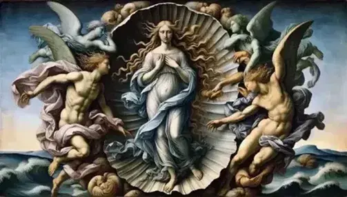 Venus emerge da una conchiglia nel dipinto 'Nascita di Venere' di Botticelli, affiancata dai venti e dalla Primavera su sfondo marino.