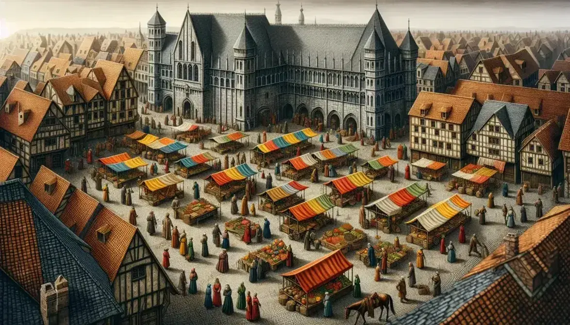 Mercato medievale in piazza con banchi colorati, cittadini in abiti d'epoca e cavaliere a cavallo, sfondo di edifici storici.