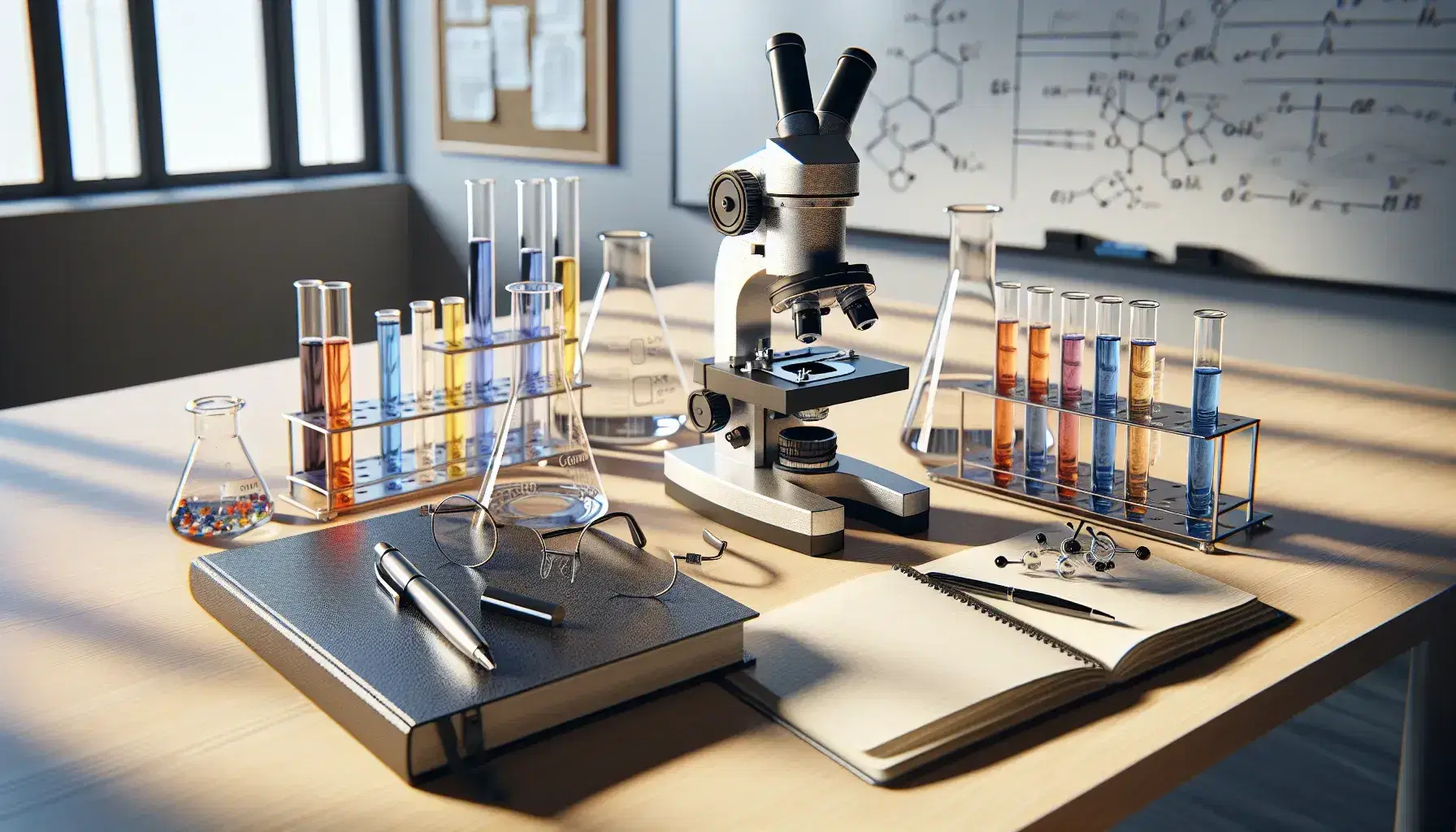Mesa de laboratorio con microscopio metálico, tubos de ensayo con líquidos de colores, matraz de Erlenmeyer y cuaderno con pluma, bajo luz natural.