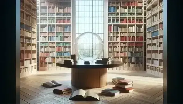 Biblioteca luminosa con scaffali in legno chiaro pieni di libri colorati, tavolo centrale con libri aperti e sfera di vetro trasparente, finestra con tende bianche.