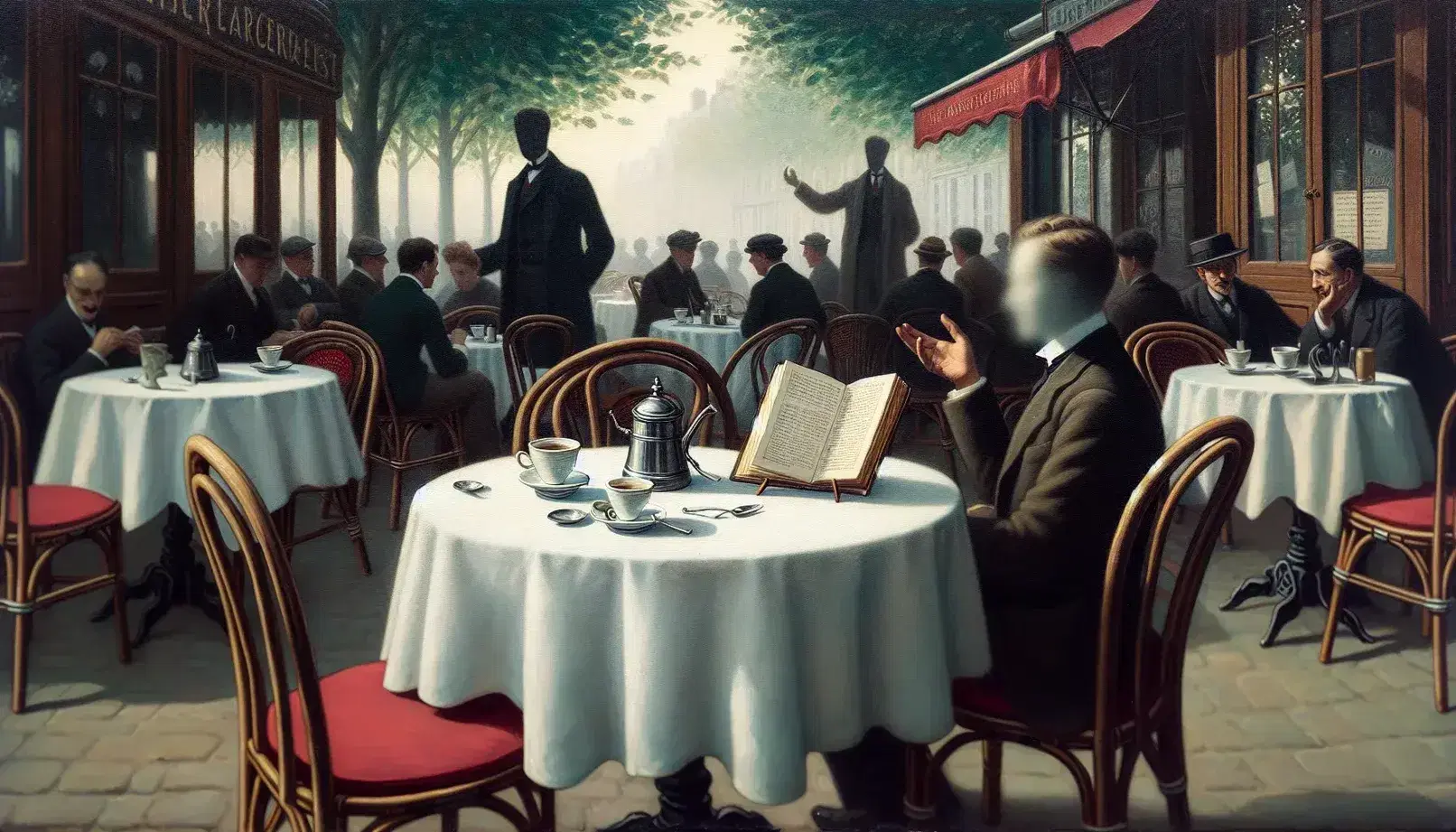 Cafetería parisina al aire libre del siglo XX con mesa redonda y taza de café, libro abierto y figura humana borrosa en animada conversación.