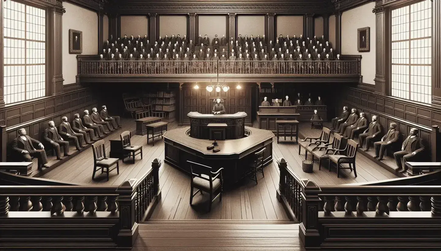 Early 20th-century courtroom with ornate judge's bench, witness stand, jury box, counsel table, spectator benches, and brass chandelier.