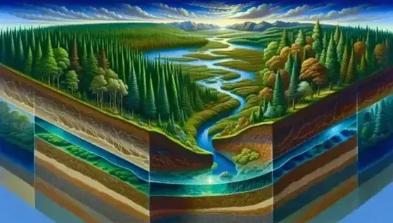 Natural landscape with green forest, meandering river, soil layers and blue sky representing interconnected earth spheres.