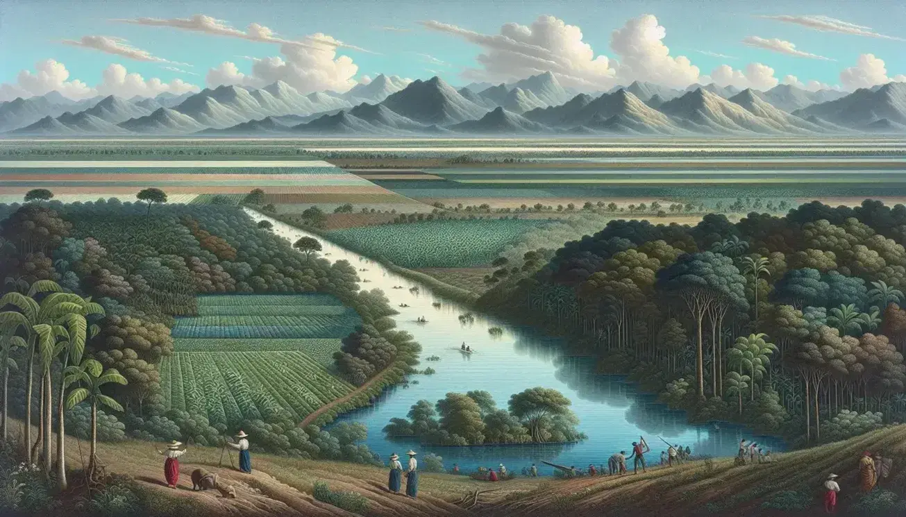Paesaggio naturale con fiume serpeggiante, riflessi di cielo e nuvole sull'acqua, montagne verdi in lontananza e persone che lavorano nei campi.