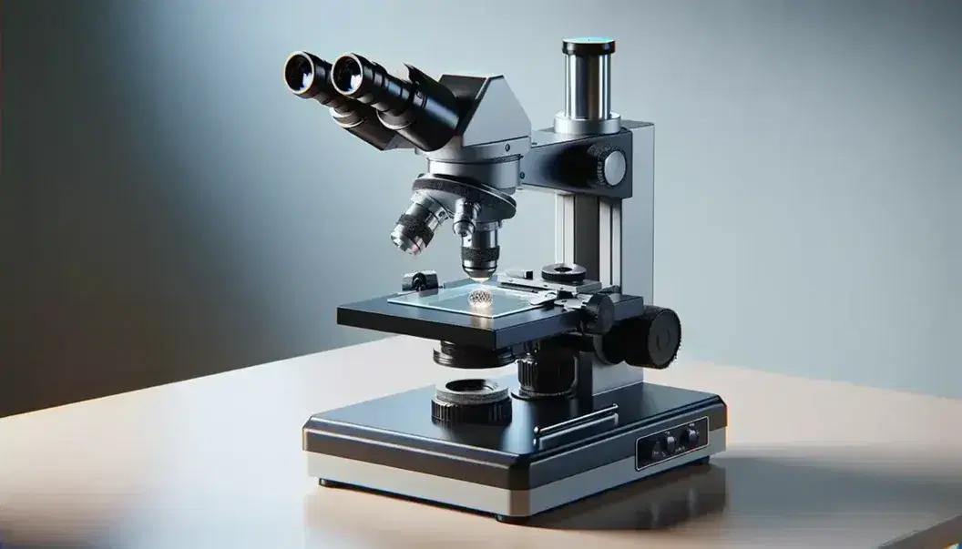 Microscopio óptico de laboratorio sobre mesa con base negra, tubo óptico plateado, revolver con tres objetivos y platina con portaobjetos iluminado desde abajo.