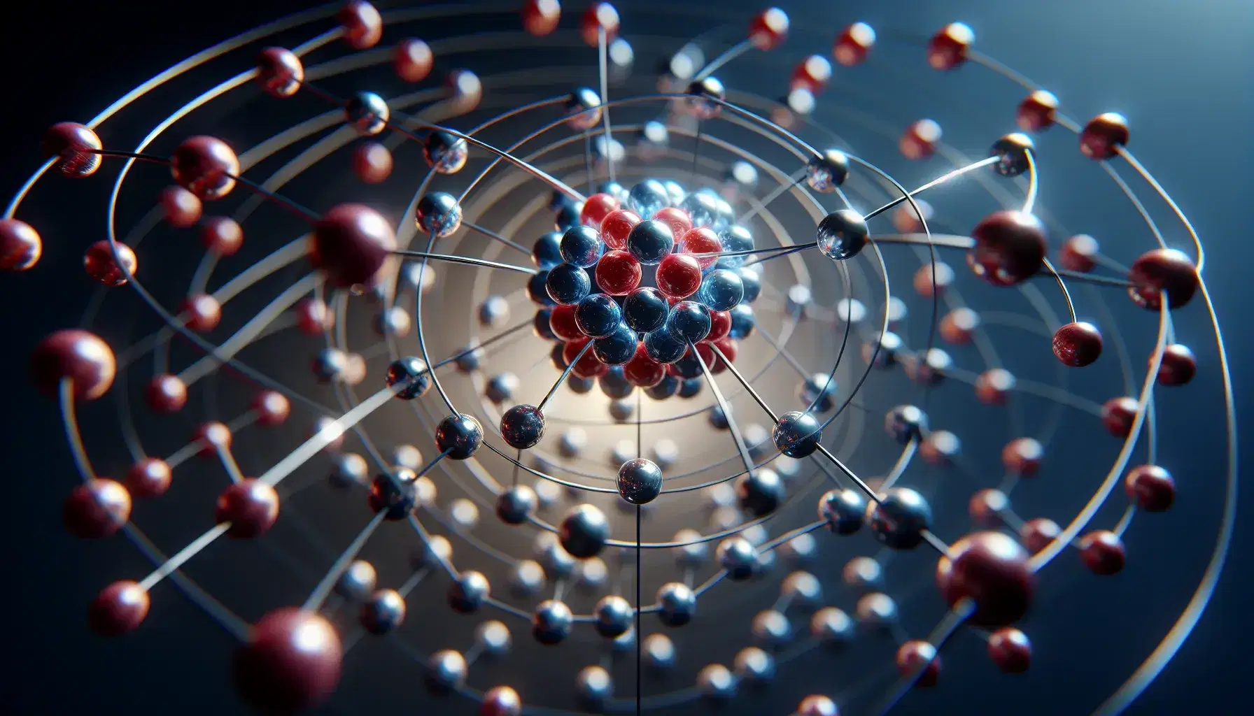 Three-dimensional model of an atom with a nucleus of red and blue spheres for protons and neutrons and silver electron orbits on a blue gradient background.