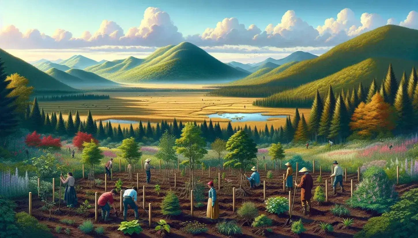 Grupo de personas plantando árboles en suelo fértil con campo verde, flores silvestres, estanque y montañas al fondo bajo cielo azul.