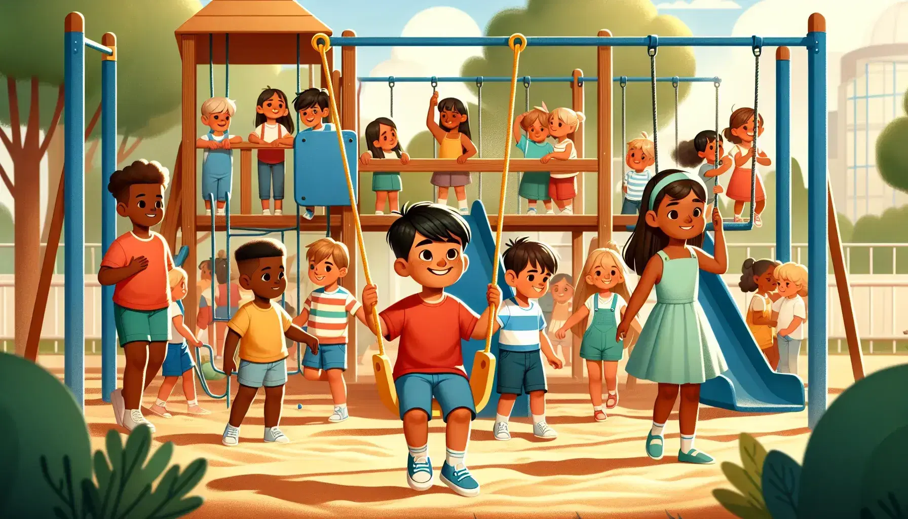 Niños diversos jugando en parque soleado con columpios, toboganes y zona de arena, destacando la alegría y la inclusión.