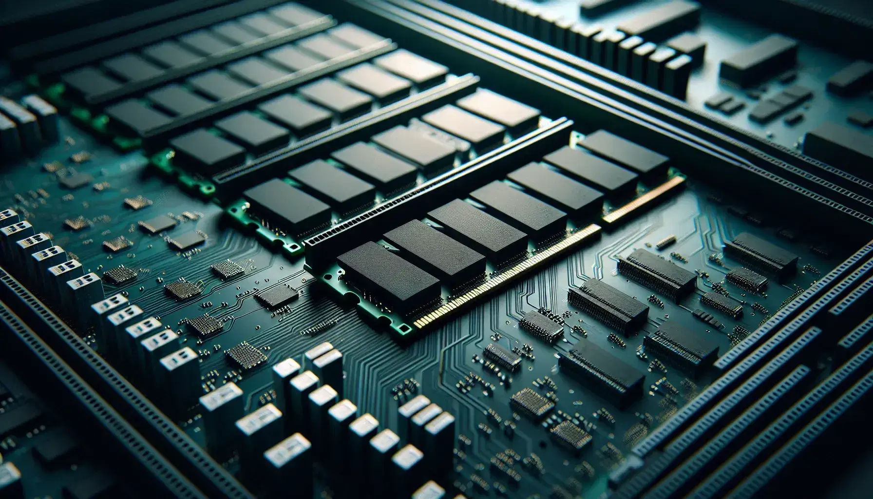 Módulos de memoria RAM verdes con chips negros y contactos dorados en diagonal sobre fondo de placa base azul con ranuras de expansión.
