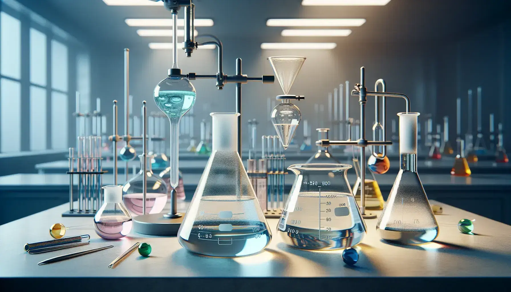 Laboratorio de química con matraz Erlenmeyer con líquido azul claro, vaso con líquido amarillo, embudo de separación y quemador Bunsen apagado.