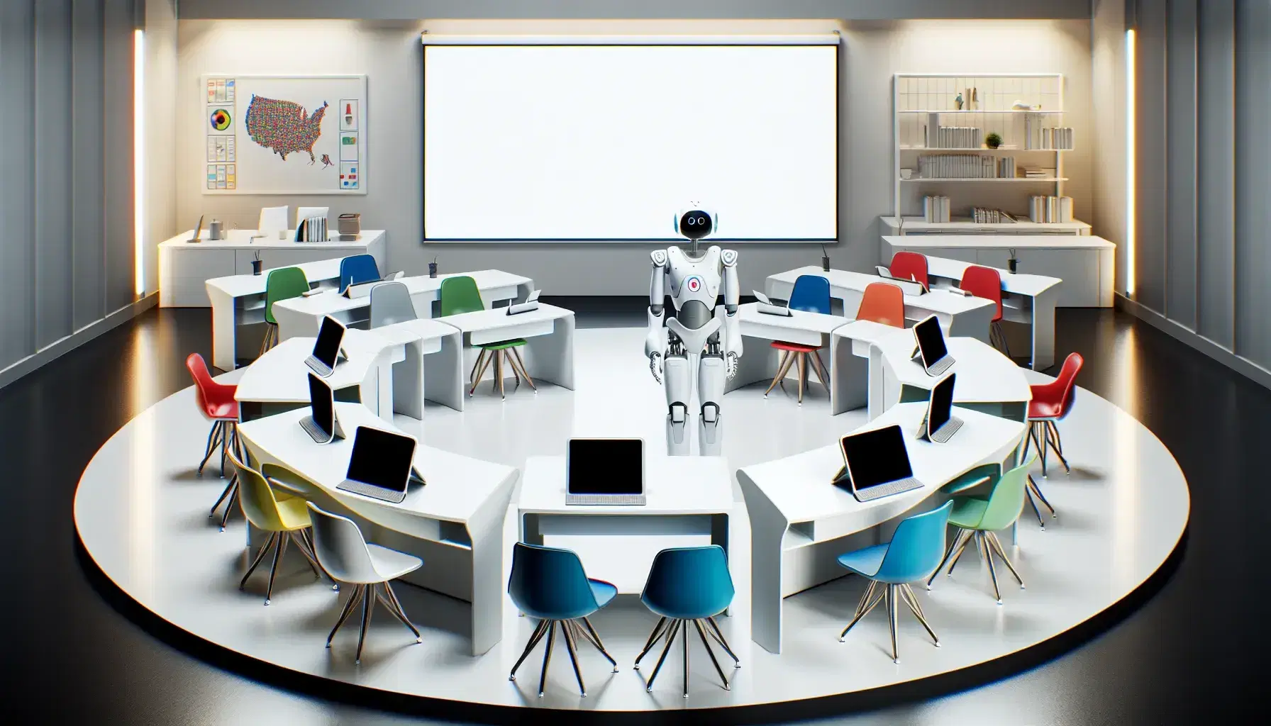 Modern classroom with circular white desks, colorful ergonomic chairs, tablets, a humanoid robot, and an interactive whiteboard under natural light.
