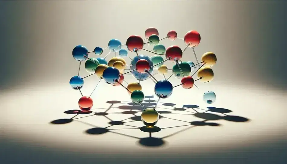 Esferas de colores rojo, azul, verde y amarillo conectadas por varillas transparentes en un patrón tridimensional con sombras suaves sobre fondo blanco.