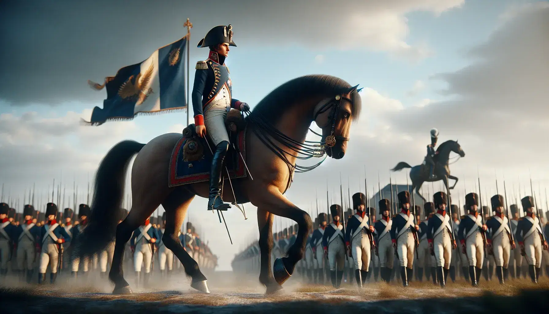 Scena storica all'aperto con figura militare a cavallo in uniforme napoleonica, bandiera tricolore sventolante e soldati sfocati sullo sfondo.