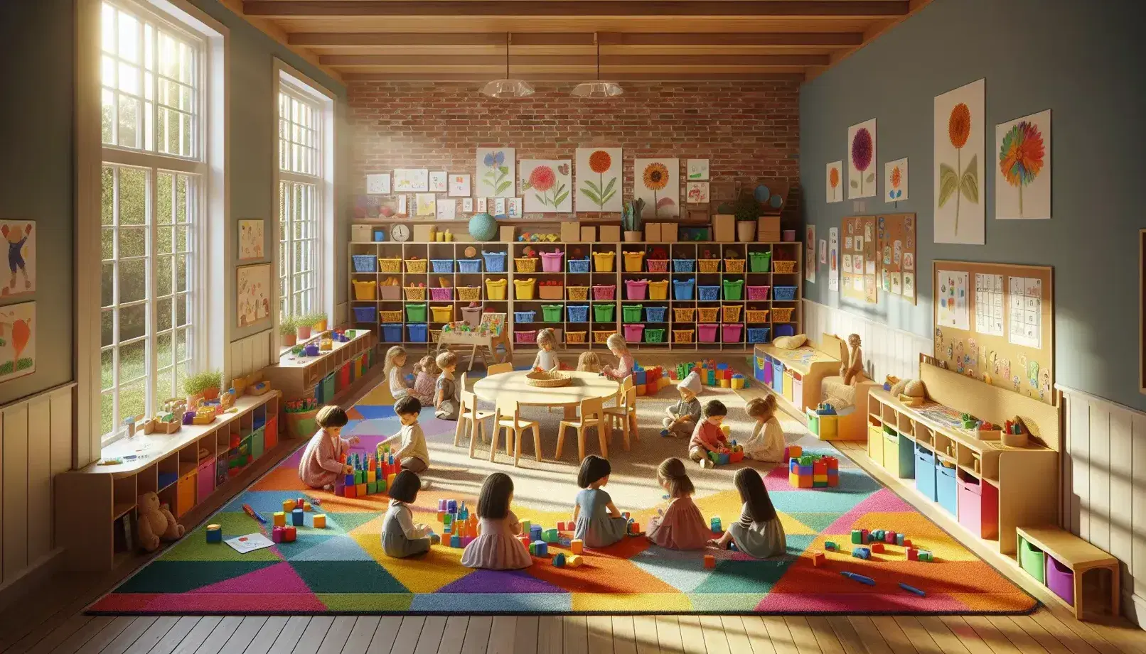 Aula preescolar luminosa con niños jugando con bloques en alfombra colorida, otros dibujan en mesa y rincón de lectura con libros y cojines.