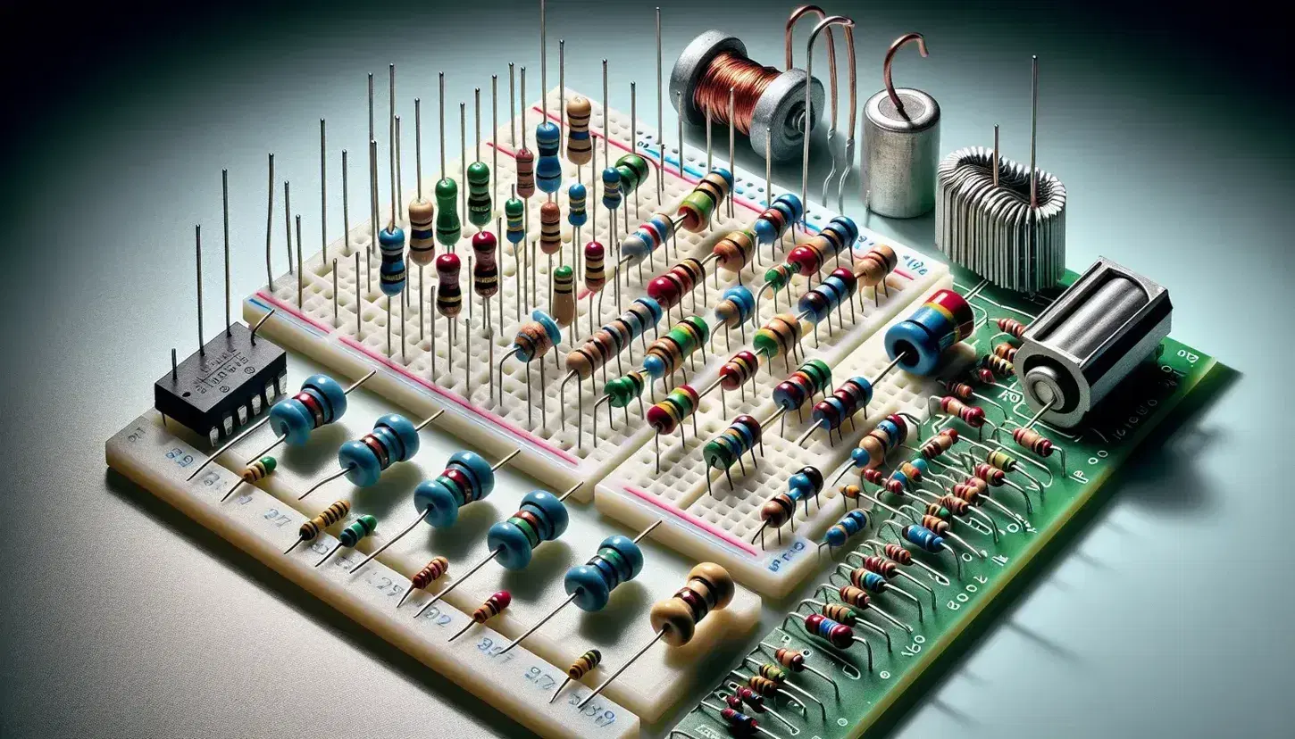 Componenti elettronici su superficie di lavoro con breadboard, resistenze colorate, motore elettrico, condensatore, trasformatore e circuito stampato.