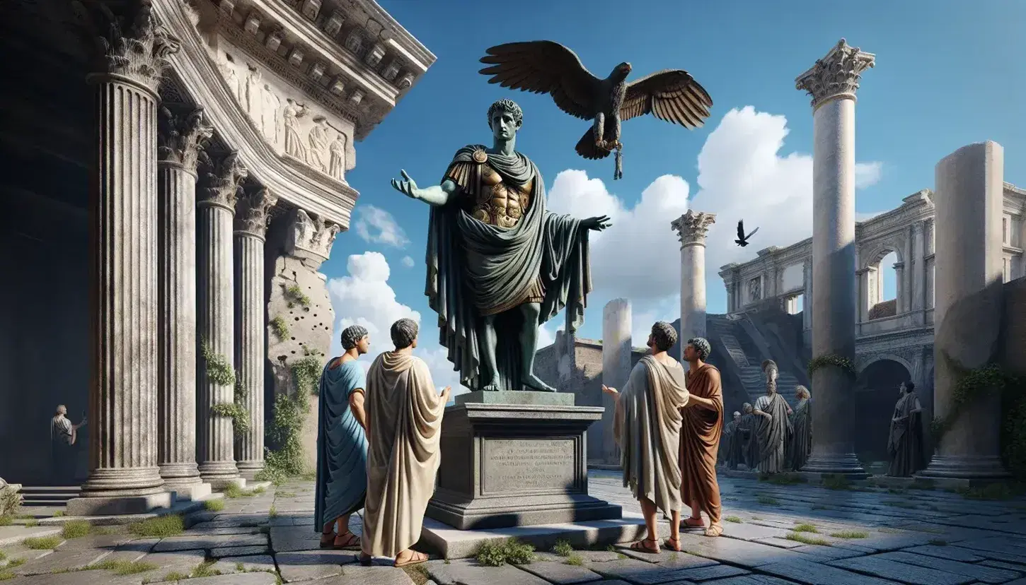 Statua in bronzo di imperatore romano con toga e corona d'alloro su piedistallo, rovine di basilica con colonne marmoree e aquila in volo su cielo azzurro.