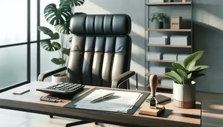 Oficina moderna y luminosa con escritorio de madera, silla ejecutiva negra, calculadora, papeles y planta verde, reflejando un ambiente de trabajo sereno y ordenado.